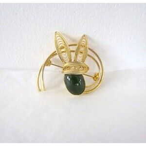 Vintage Green Cabochon Brooch Mid Century Gold Tone